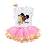 Girls 3rd Birthday Outfit – Short Sleeve Pink & Gold Afro Puffs Shirt, Tutu Skirt & Headband Set