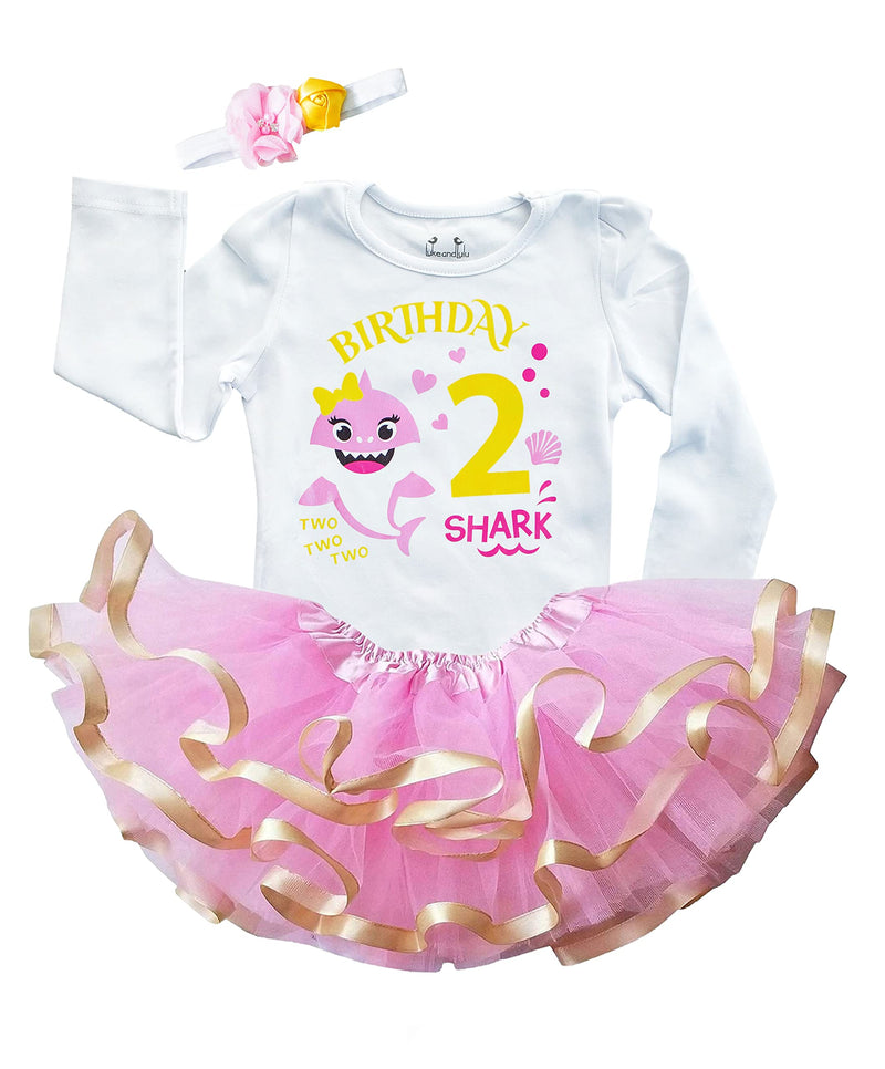 2nd Birthday Outfit Baby Girl Tutu Dress Set - Baby Shark Birthday Shirt + Headband + Tutu