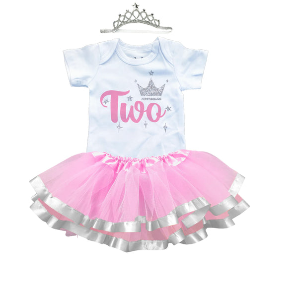 1st First 2nd Second Birthday Party Outfit- Baby Girl Pink Gold Silver Princess Tutu Set and Crown 2nd Birthday Silver Crown Short Sleeve