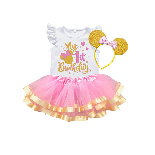 Mouse First Birthday Outfit Baby Girl Tutu Set Pink and Gold