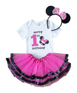 Minnie Pink 1st Birthday Outfit for Girls – Short Sleeve Bodysuit, Tutu Skirt & Mouse Ear Headband Set