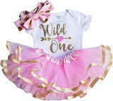 Wild One 1st Birthday Outfit for Girls – Pink & Gold Short Sleeve Bodysuit, Tutu Skirt & Bow Set