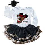 Girls 3rd Birthday Outfit – Long Sleeve Leopard Afro Puffs Shirt, Tutu Skirt & Headband Set