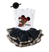 Girls 3rd Birthday Outfit – Short Sleeve Leopard Afro Puffs Shirt, Tutu Skirt & Headband Set