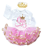 Pink & Gold Crown 1st Birthday Outfit for Girls – Long Sleeve Bodysuit, Tutu Skirt & Tiara Headband Set
