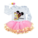 Girls 3rd Birthday Outfit – Long Sleeve Pink & Gold Afro Puffs Shirt, Tutu Skirt & Headband Set