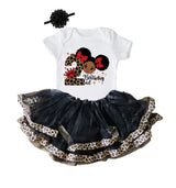 Afro Puff 2nd Birthday Outfit for Girls – Short Sleeve Bodysuit, Leopard Tutu Skirt & Headband Set
